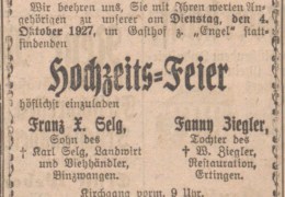 1927-10-01-Riedlinger-Zeitung-S.-14-Selg-Franz-Xaver-oo-Ziegler-Fanny-Hochzeits-Feier
