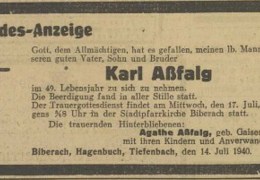 Traueranzeige der Ehefrau Agathe und den Angehörigen vom 15. Juni 1940. (Vereinigten Bodenseezeitung (Verbo, Biberach) vom 15. Juni 1940, S. 8)