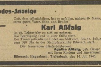 Traueranzeige der Ehefrau Agathe und den Angehörigen vom 15. Juni 1940. (Vereinigten Bodenseezeitung (Verbo, Biberach) vom 15. Juni 1940, S. 8)