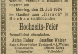 Buchauer-Zeitung-Hochzeitsanzeige-1924-07-17-Seite-4-Huber-Anton-oo-Walser-Josefine