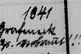 Eintrag des Pfarres im Familienregister zum Tod von Karl Aßfalg: „1941 Grafeneck verbrannt!!!“.
